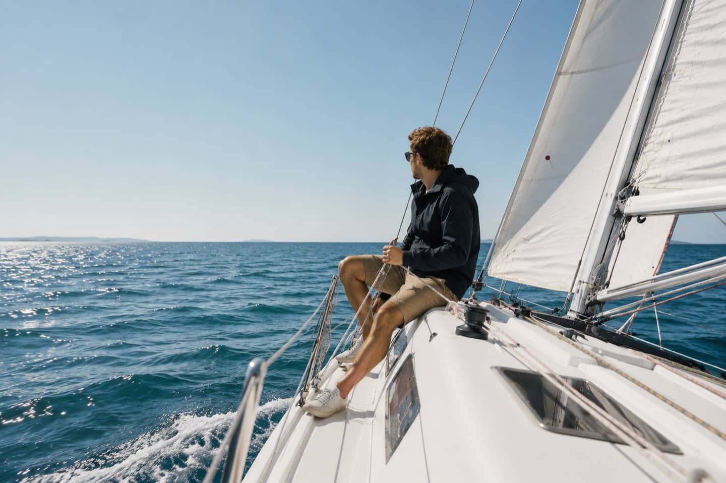 Zeiler aan dek van een zeiljacht op zee